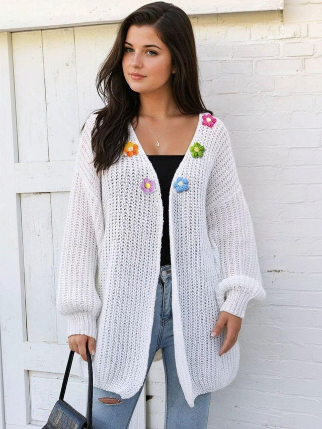 Ribbed Longline Cardigan with Applique Detail in White acrylic - Nowi Korean Fashion