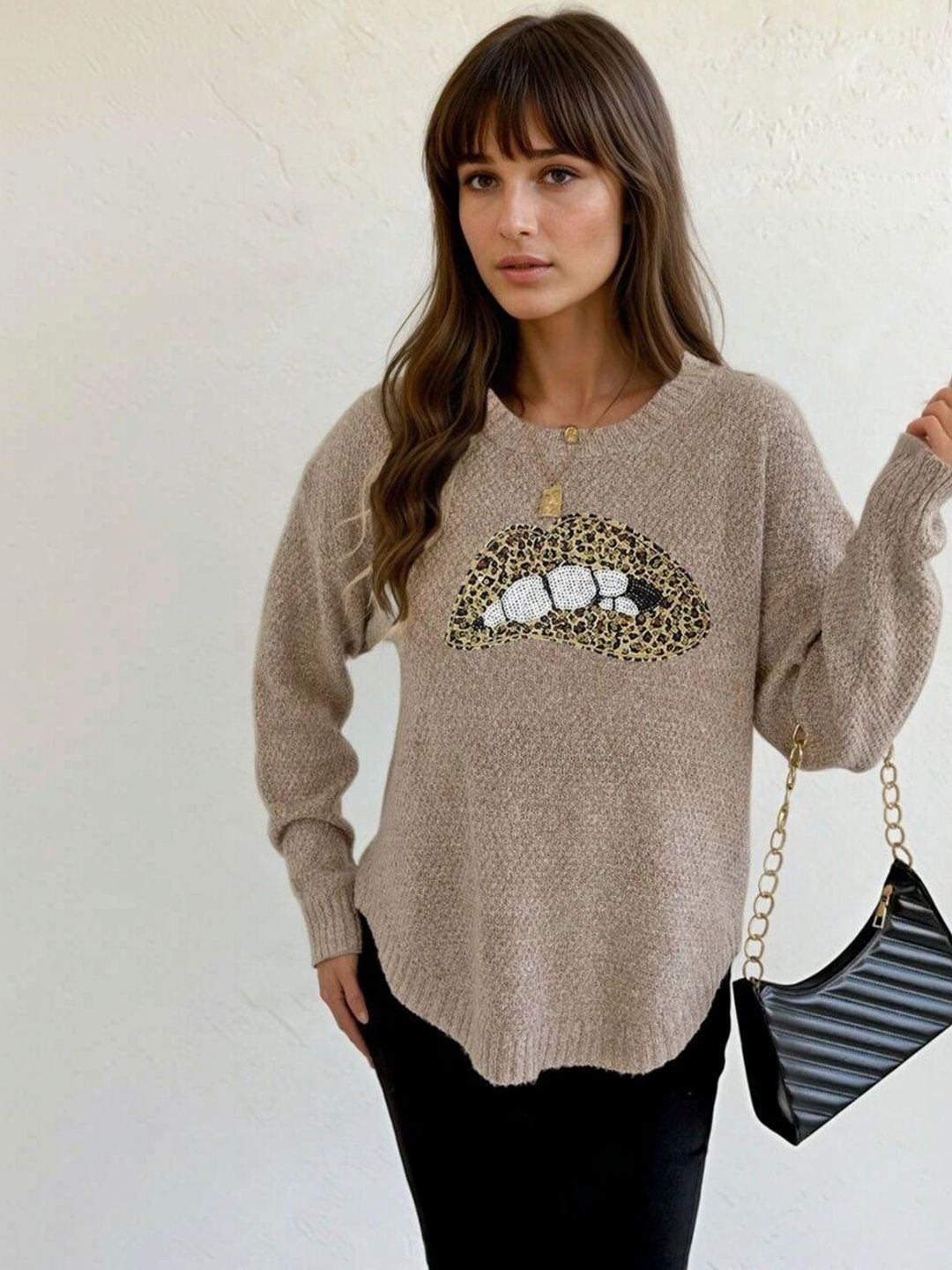 Women Animal Printed Pullover with Embellished Detail