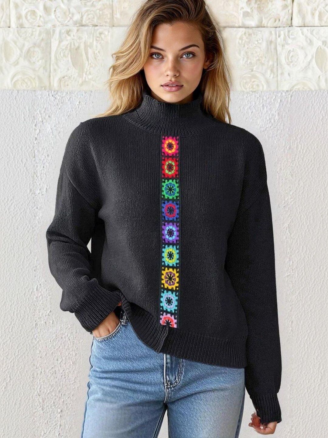 Colourblocked Pullover with Embroidered Detail in Black acrylic - Nowi Korean Fashion