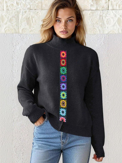 Colourblocked Pullover with Embroidered Detail in Black acrylic - Nowi Korean Fashion