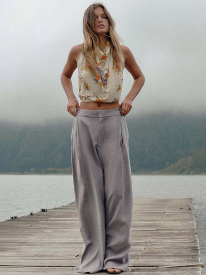 Pleated Trousers in Grey polyester - Nowi Korean Fashion