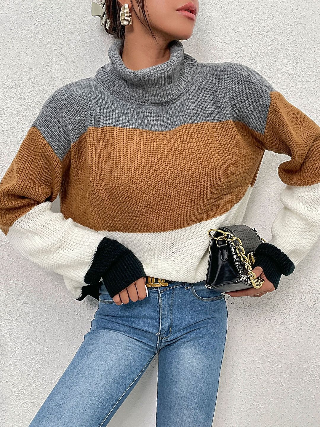 Women's Grey Colourblocked Pullover Blend Printed