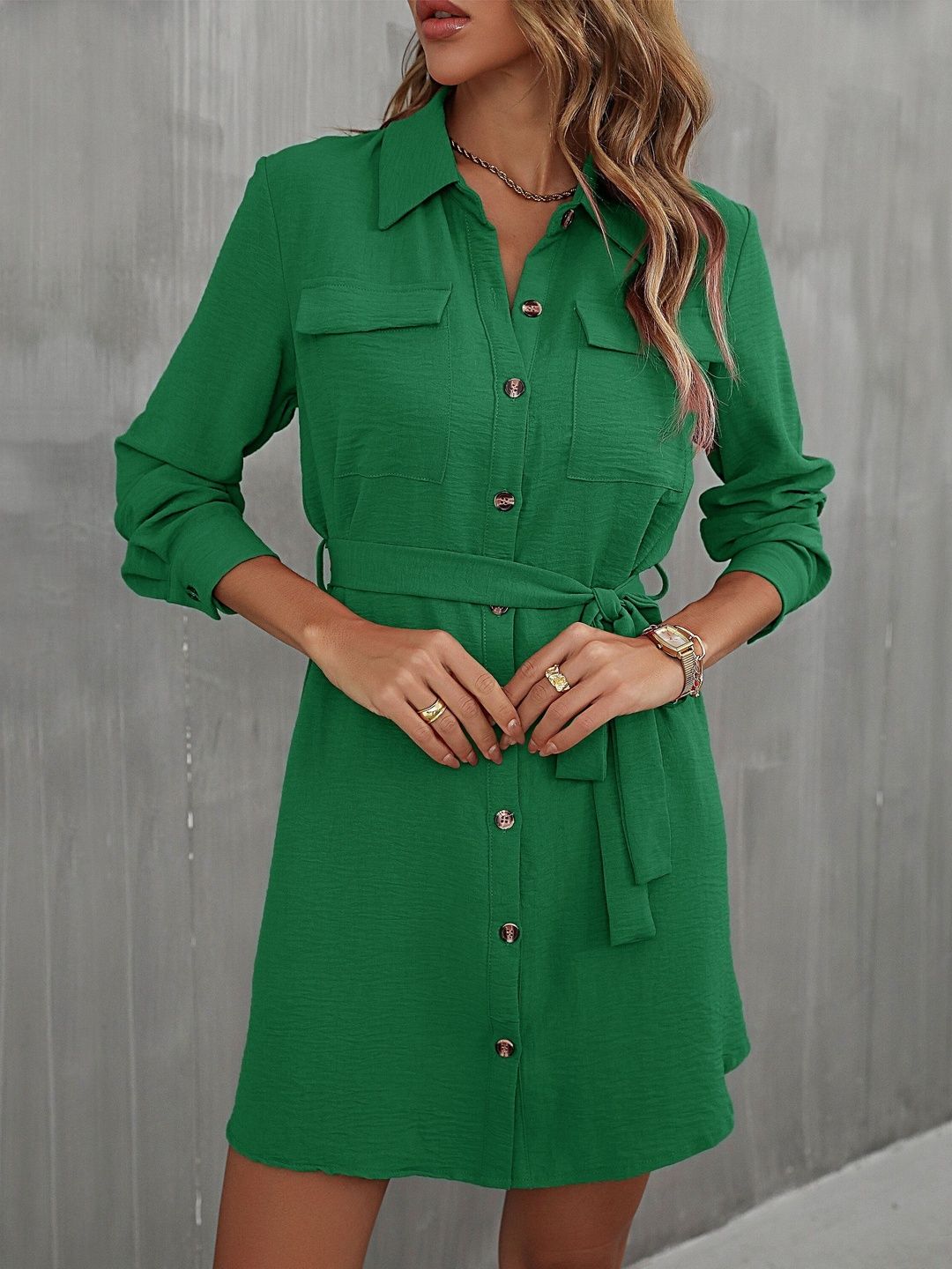 Women's Green Shirt Dress Blend Printed Regular Fit