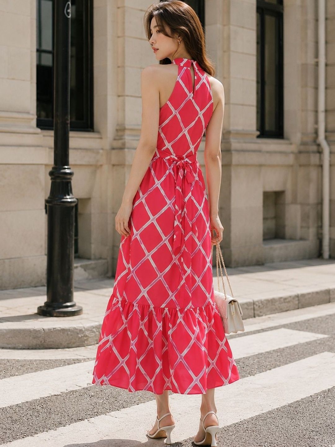 Print Halter Neck Crepe Fit & Flare Midi Dress