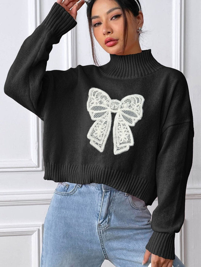 Embroidered Crop Pullover with Embroidered Detail in Black acrylic - Nowi Korean Fashion