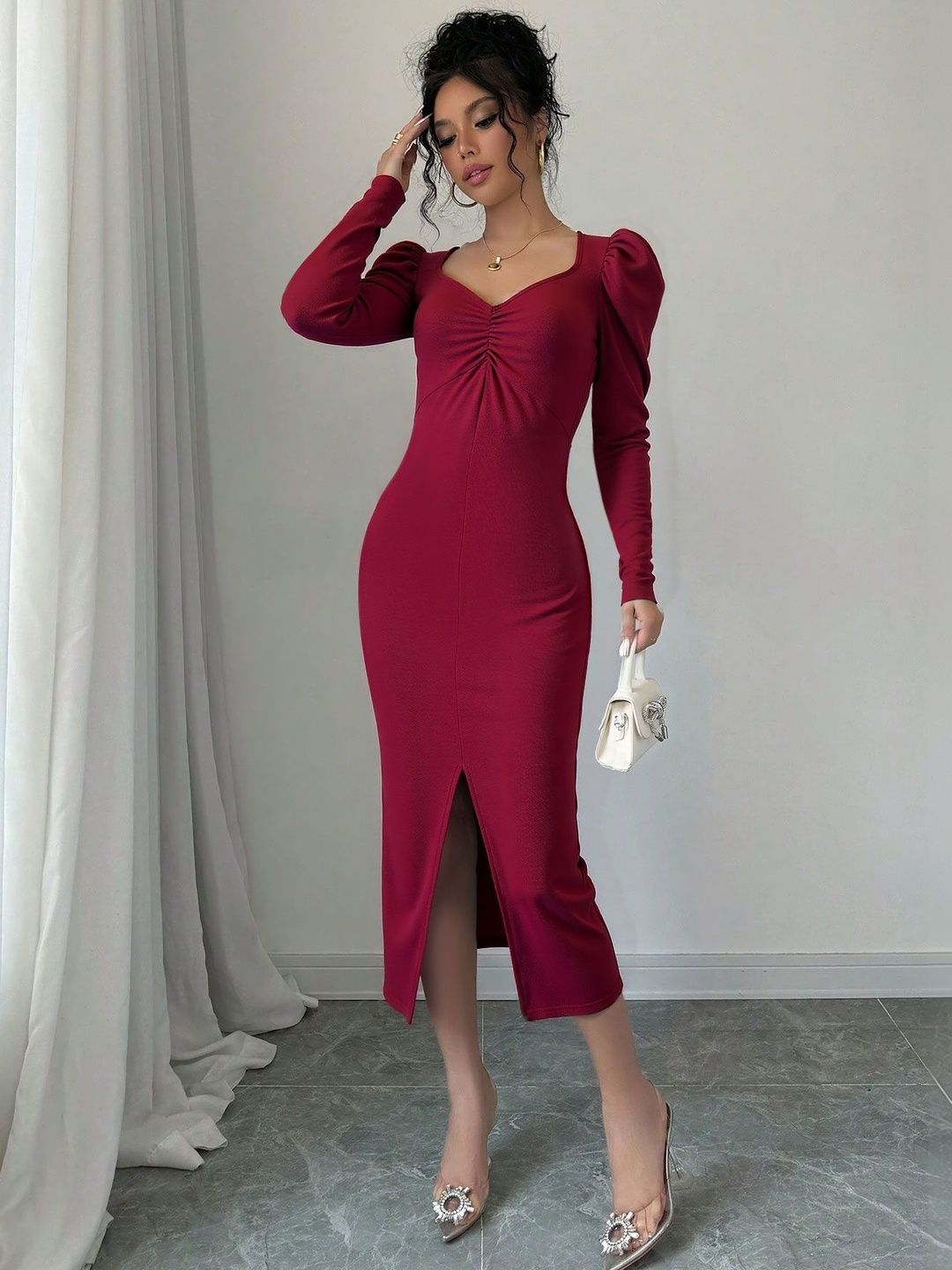 NOWI Puff Sleeve Sheath Midi Dress