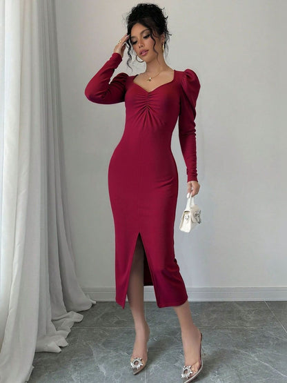 NOWI Puff Sleeve Sheath Midi Dress