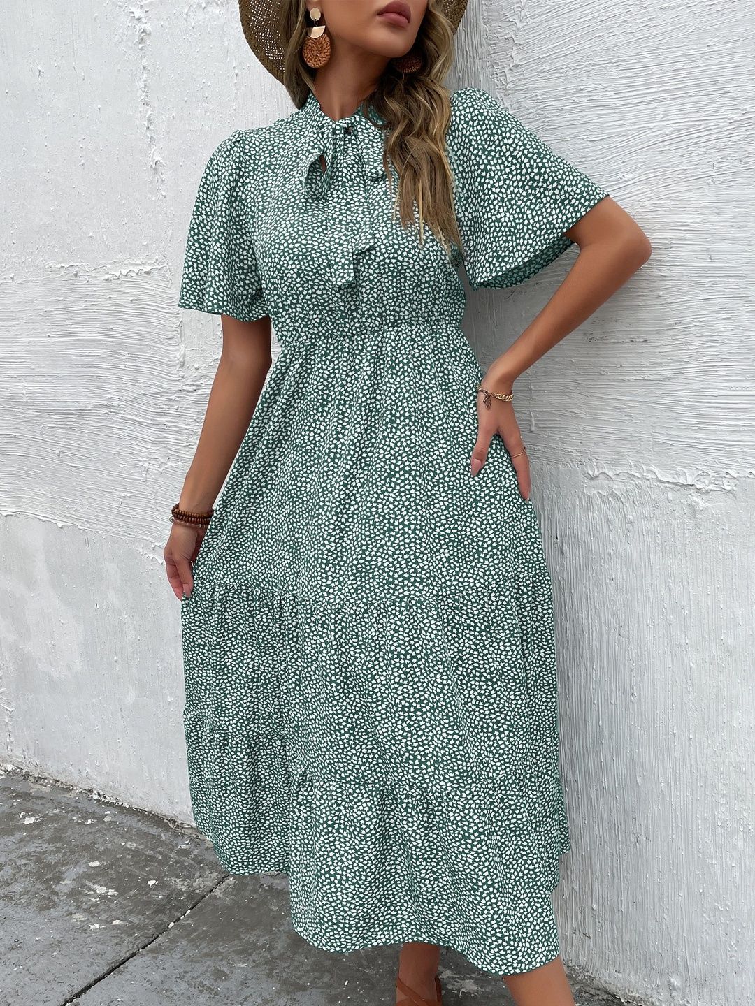 Print Tie-Up Neck Fit & Flare Midi Dress