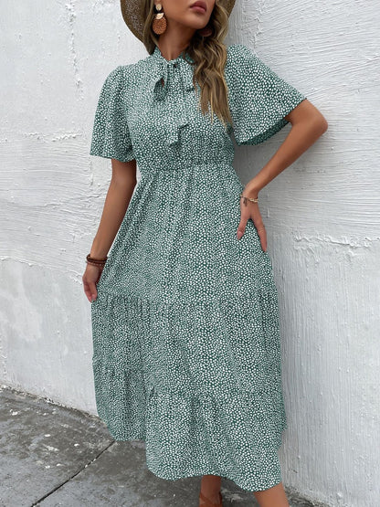 Print Tie-Up Neck Fit & Flare Midi Dress