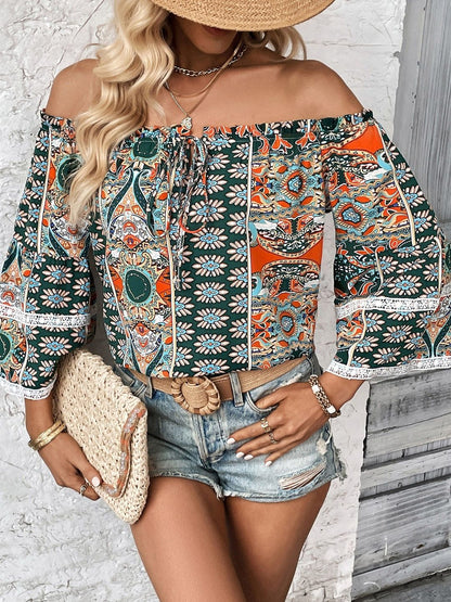 Print Off-Shoulder Bell Sleeve Bohemian Cotton Top Printed - Nowi Korean Fashion