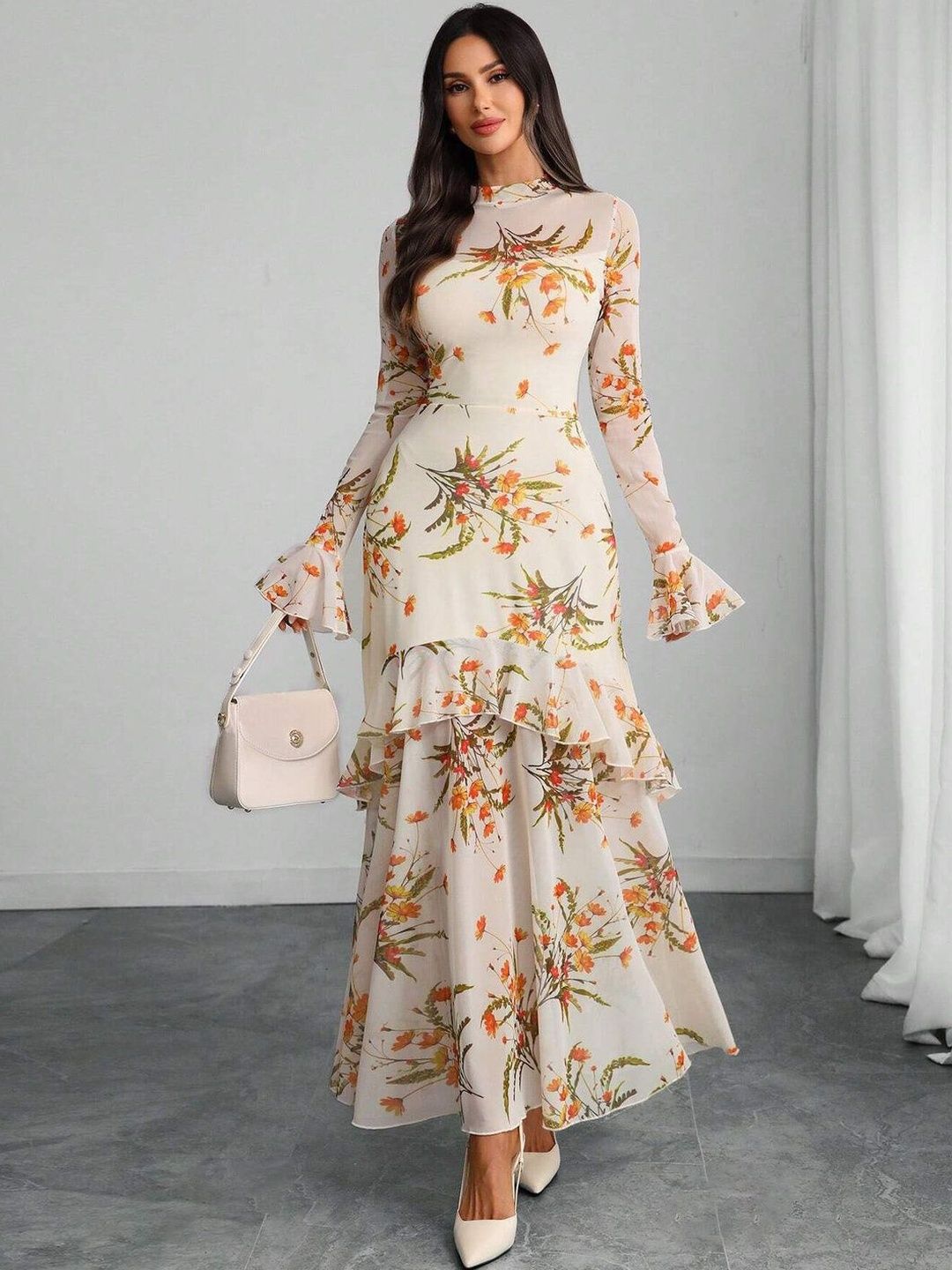 Floral Print Flared Sleeve Ruffled Maxi Dress