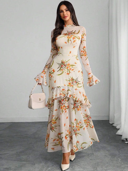 Floral Print Flared Sleeve Ruffled Maxi Dress