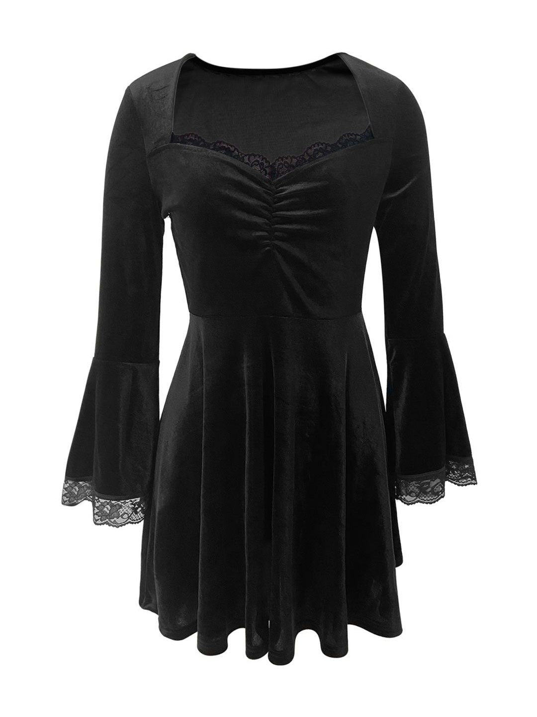 Women's Black Flared Sleeve Ruffled Fit & Flare Dress