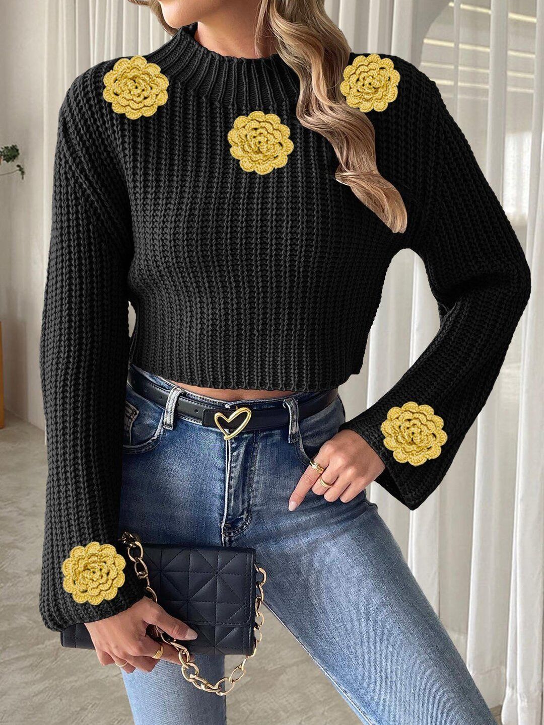 Ribbed Crop Pullover with Applique Detail in Black acrylic - Nowi Korean Fashion