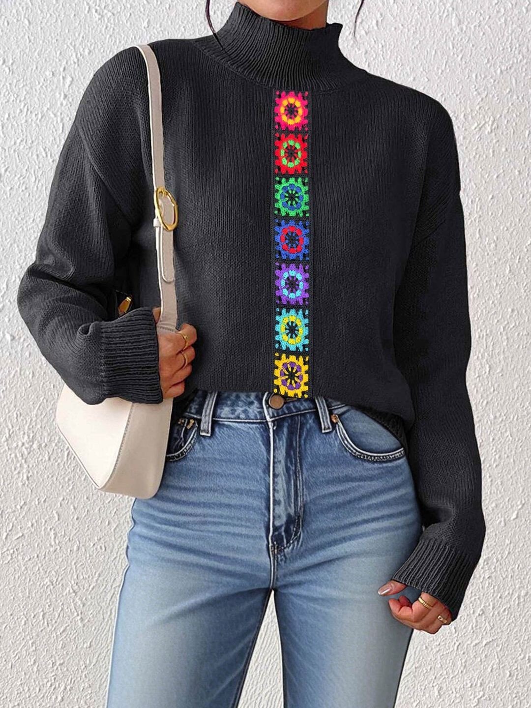 Women Colourblocked Pullover with Embroidered Detail