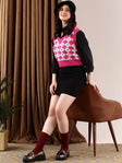 Women's Pink Argyle Checked Woollen Crop Sweater Vest