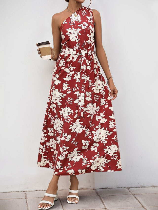 Floral Print A-Line Midi Dress in Red polyester - Nowi Korean Fashion