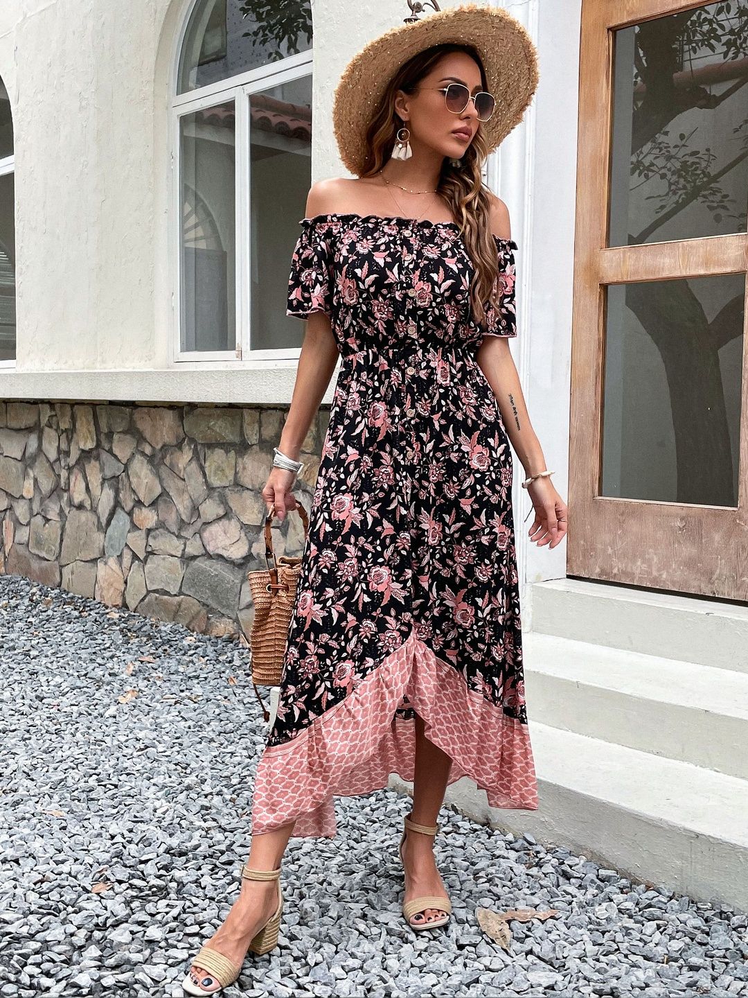 Floral Print Off-Shoulder Maxi Midi Dress