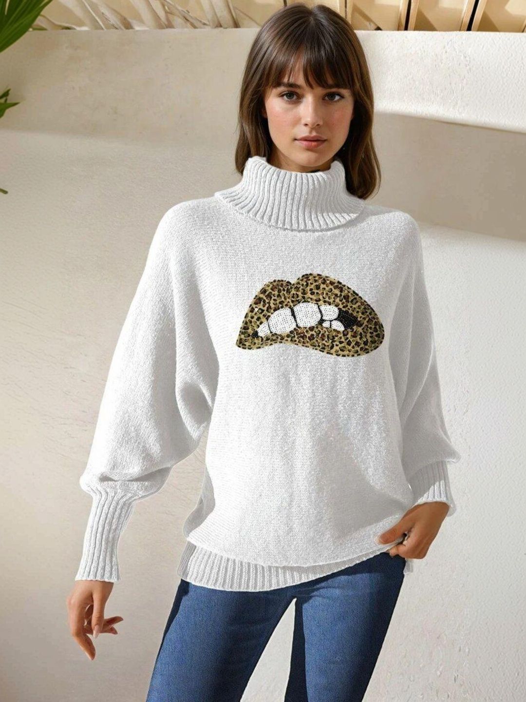 Animal Printed Pullover in White acrylic - Nowi Korean Fashion