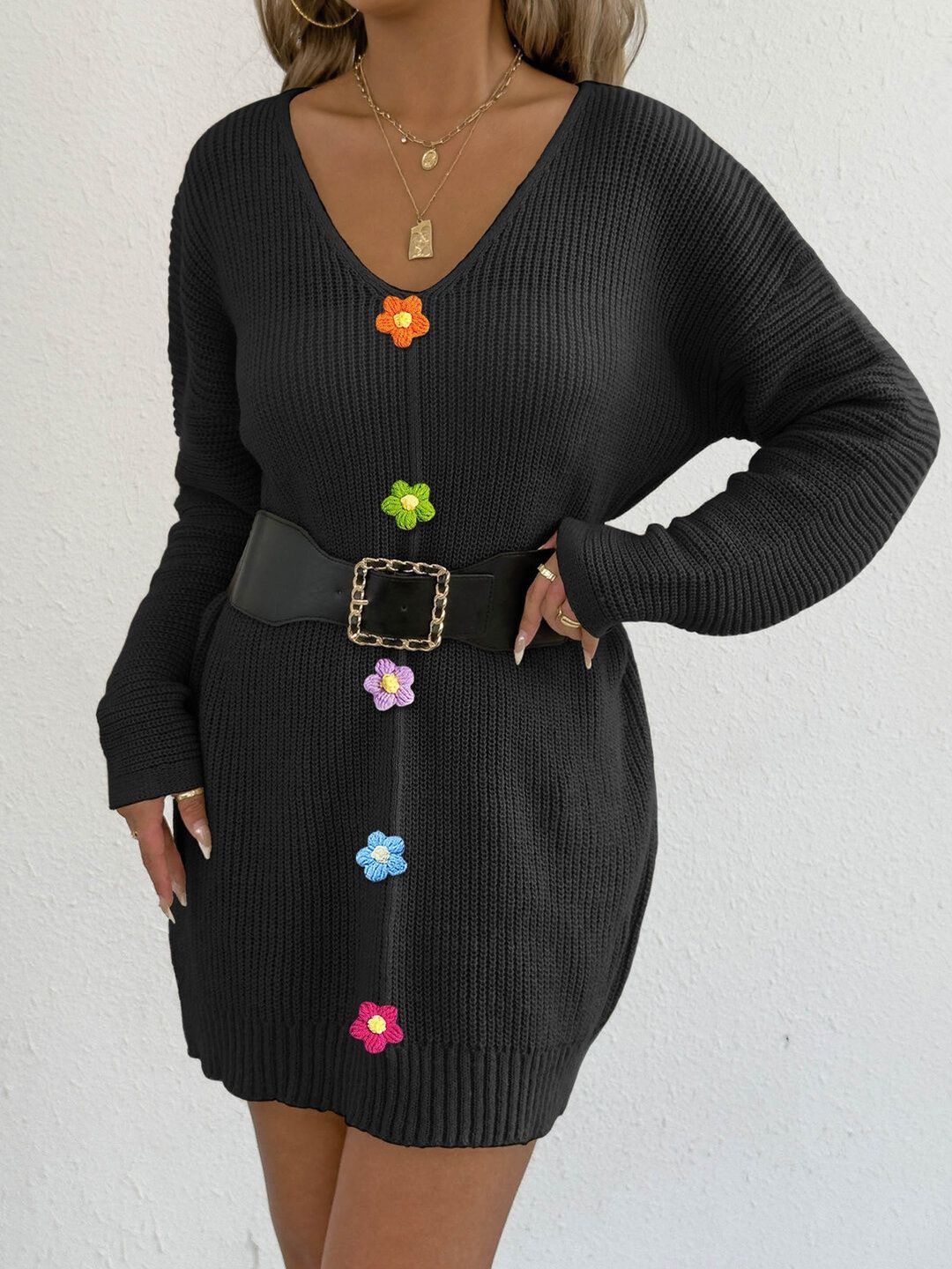 Ribbed Cardigan with Applique Detail in Black acrylic Long Sleeve - Nowi Korean Fashion