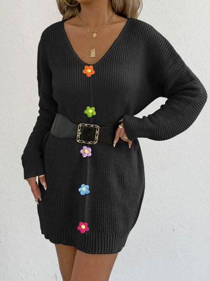 Ribbed Cardigan with Applique Detail in Black acrylic Long Sleeve - Nowi Korean Fashion