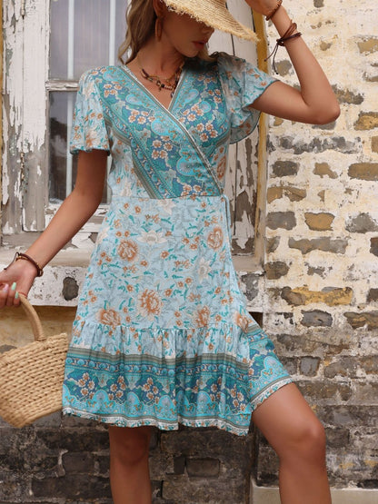 Floral Print Flared Sleeve Ruffled Dress