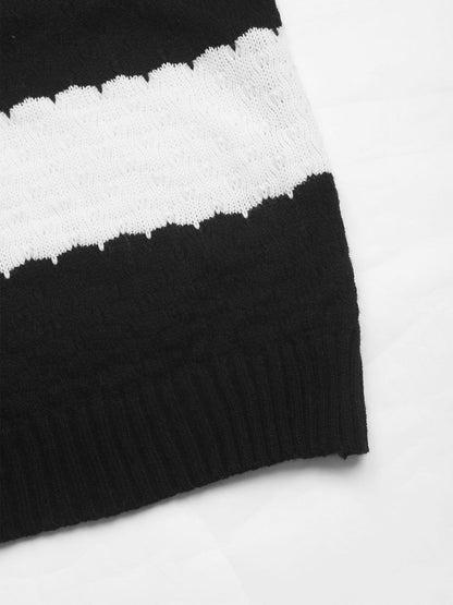 Women's Black Striped Pullover Blend Regular Fit