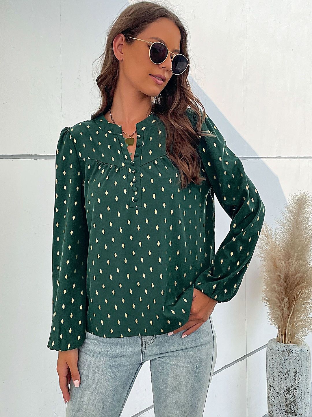 Geometric Print Puff Sleeve Top in Green - Nowi Korean Fashion