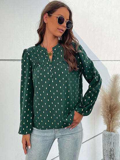 Geometric Print Puff Sleeve Top in Green - Nowi Korean Fashion