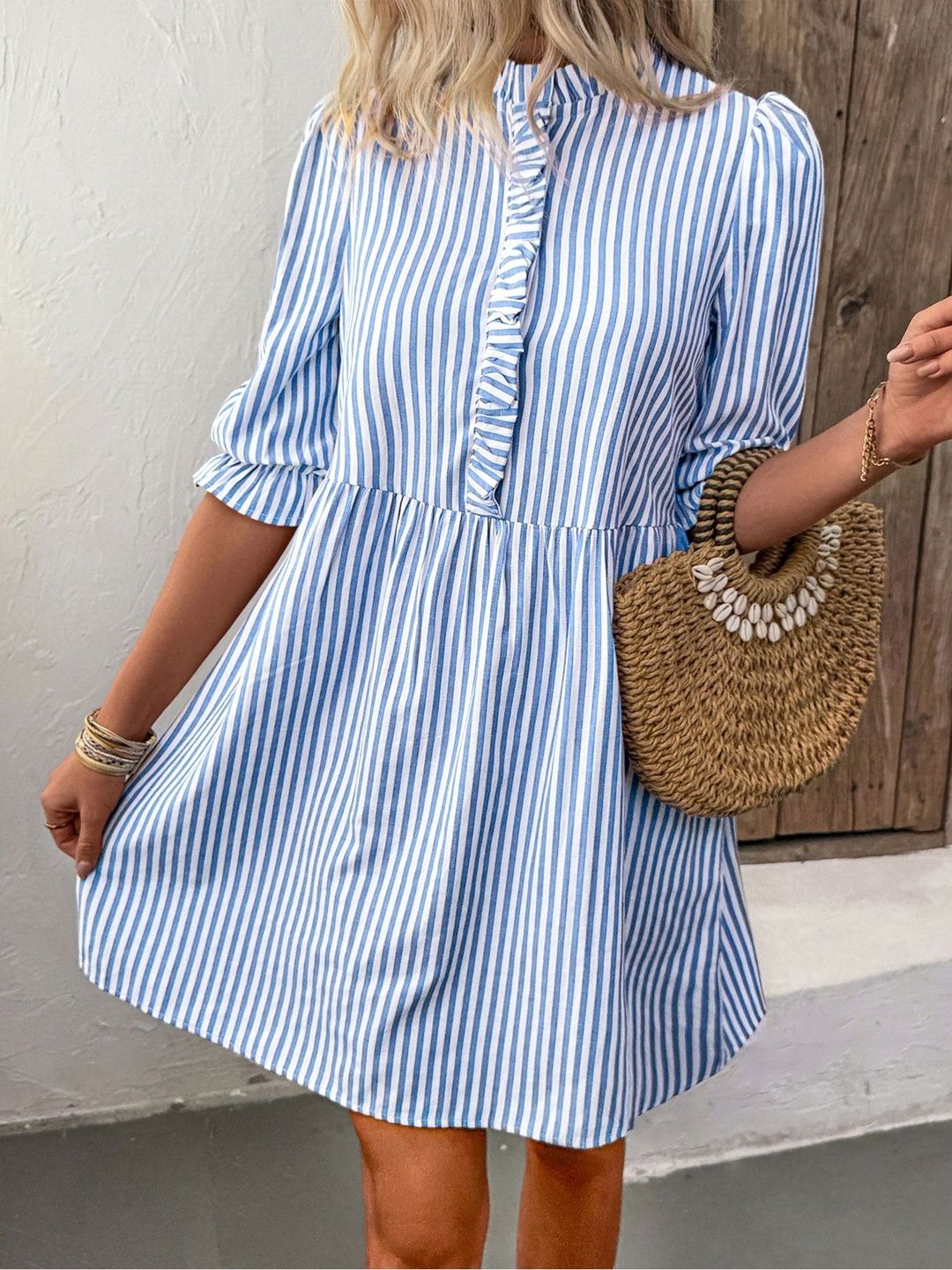 Striped Puff Sleeve Ruffled A-Line Dress in Blue cotton - Nowi Korean Fashion