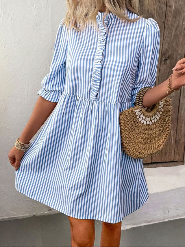 Striped Puff Sleeve Ruffled A-Line Dress in Blue cotton - Nowi Korean Fashion