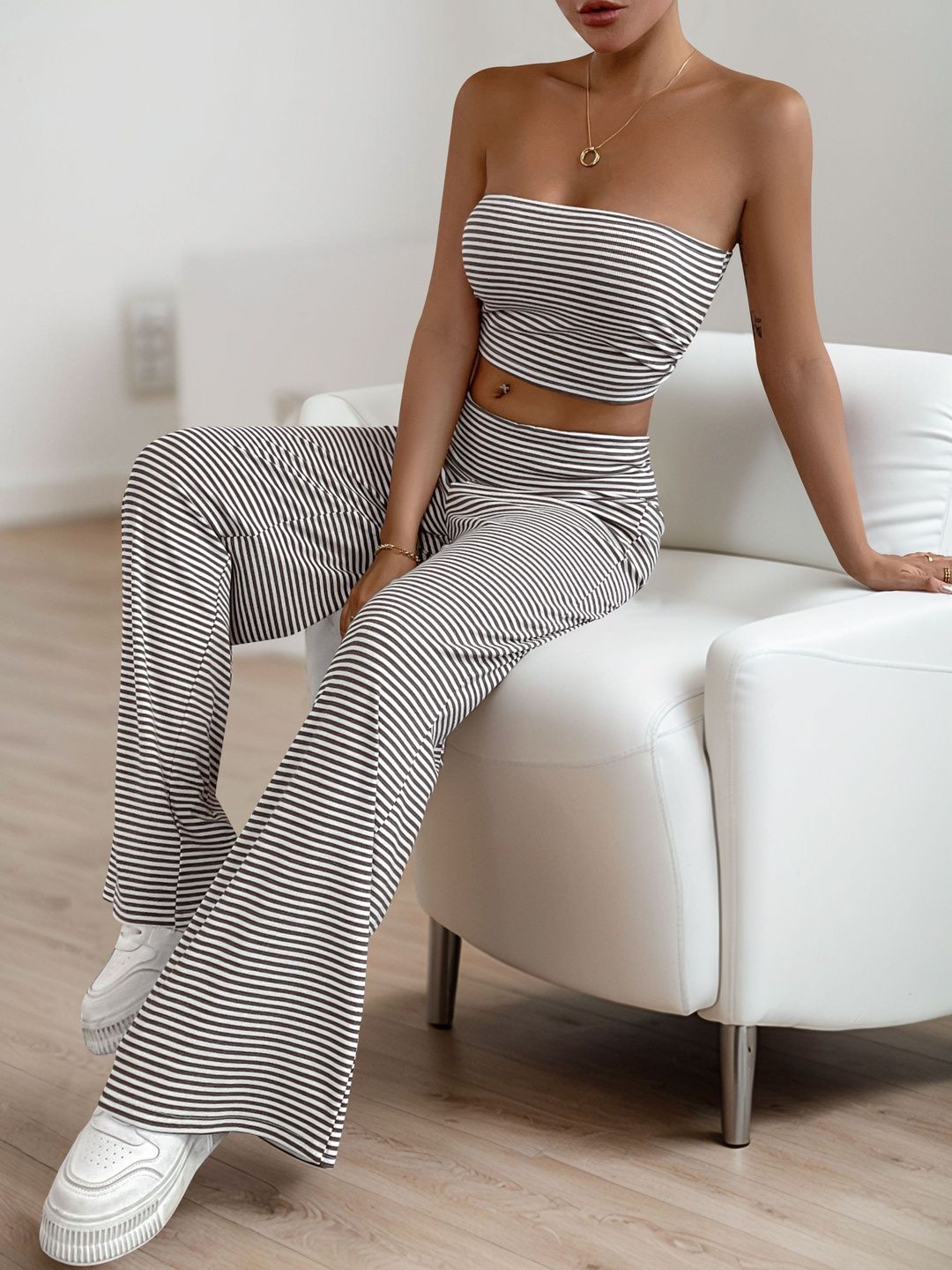 Striped Off-Shoulder Top & Palazzos Co-Ords