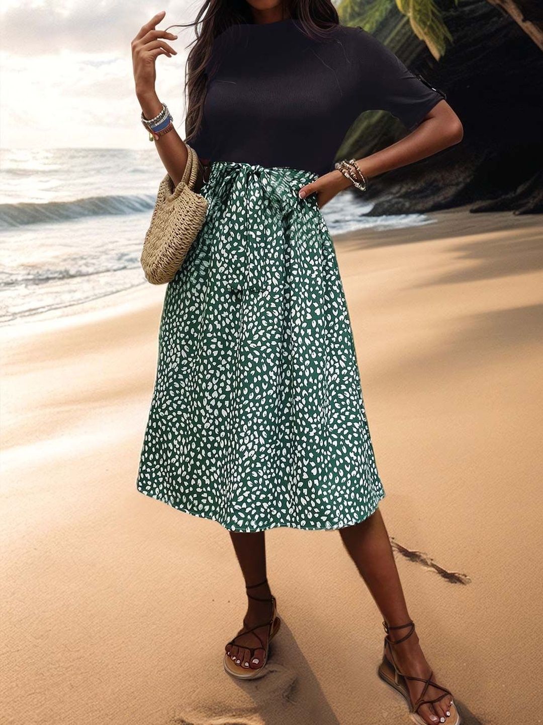 Print A-Line Midi Dress in Green polyester - Nowi Korean Fashion