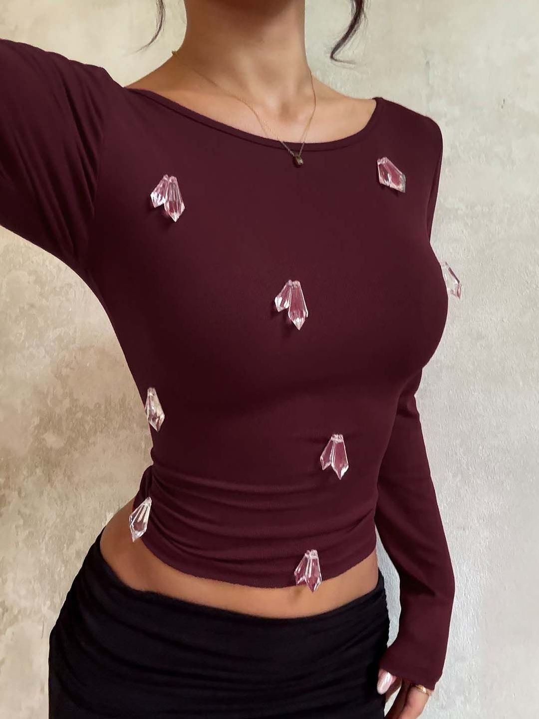 Burgundy Embellished Crop Top