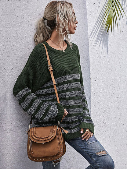 Women's Green Striped Pullover Blend Regular Fit