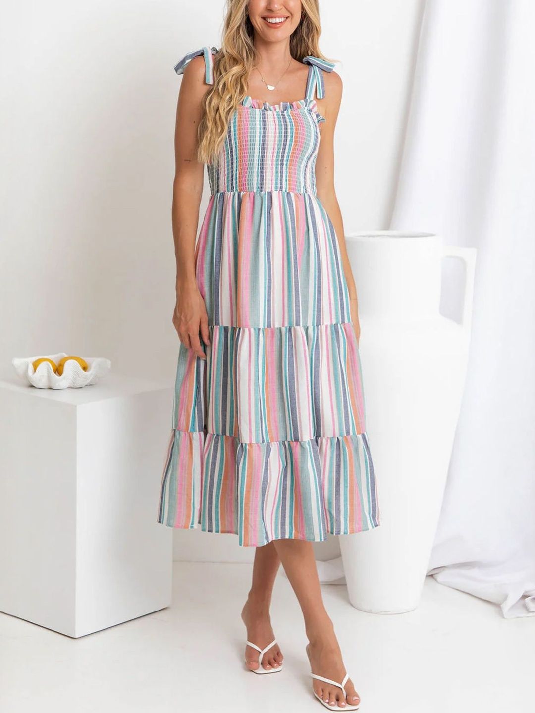 Striped A-Line Midi Dress