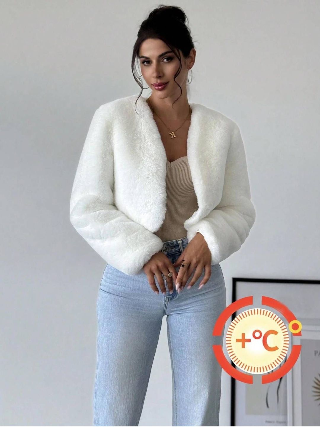 Woollen Lightweight Crop Open Front Jacket in White - Nowi Korean Fashion