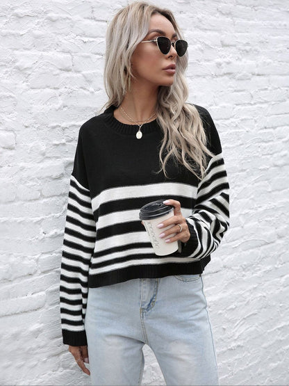 Women's Black Striped Crop Acrylic Pullover