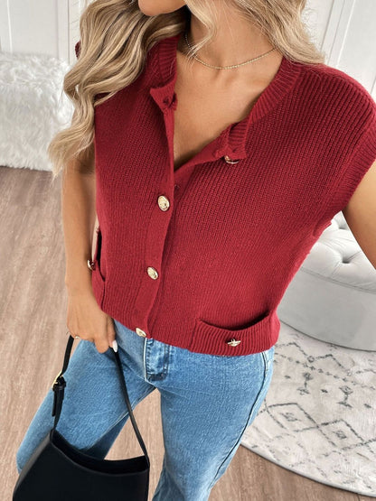 Women's Maroon Ribbed Sleeveless Cardigan