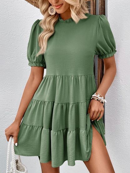 Puff Sleeve Ruffled Fit & Flare Dress - Nowi Korean Fashion