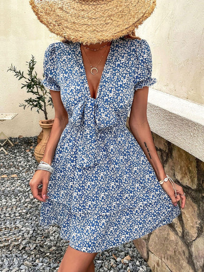 Floral Print Puff Sleeve Fit & Flare Mini Dress in Blue cotton - Nowi Korean Fashion