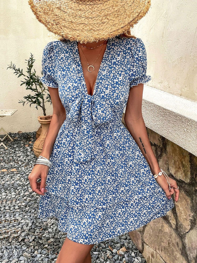 Floral Print Puff Sleeve Fit & Flare Mini Dress in Blue cotton - Nowi Korean Fashion