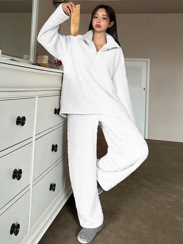 Spread Collar Long Sleeves Night Suit in White Wool - Nowi Korean Fashion