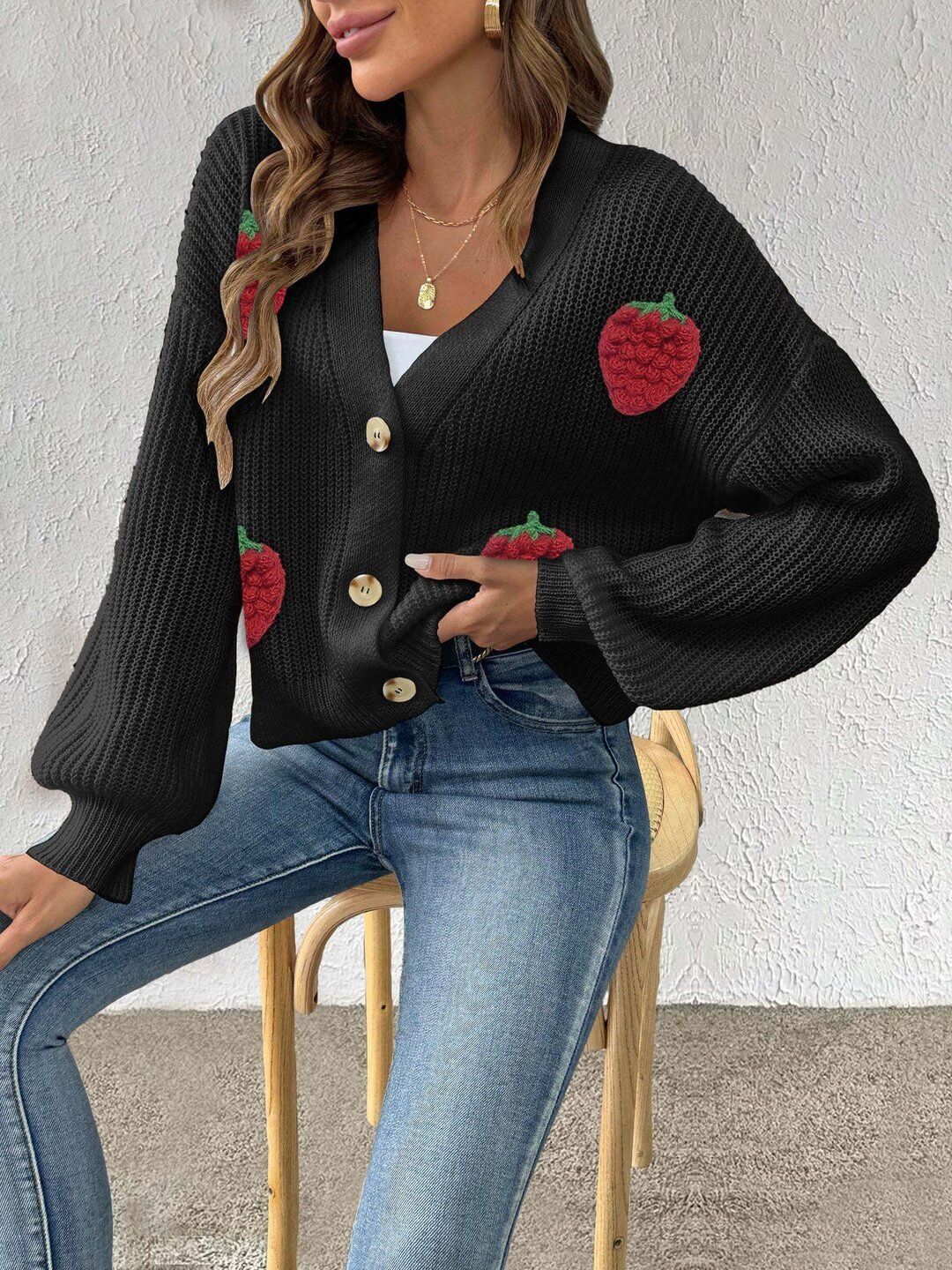 Women Cable Knit Cardigan with Applique Detail