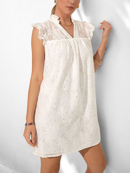 Floral Embroidered Flutter Sleeve Dress in White cotton - Nowi Korean Fashion