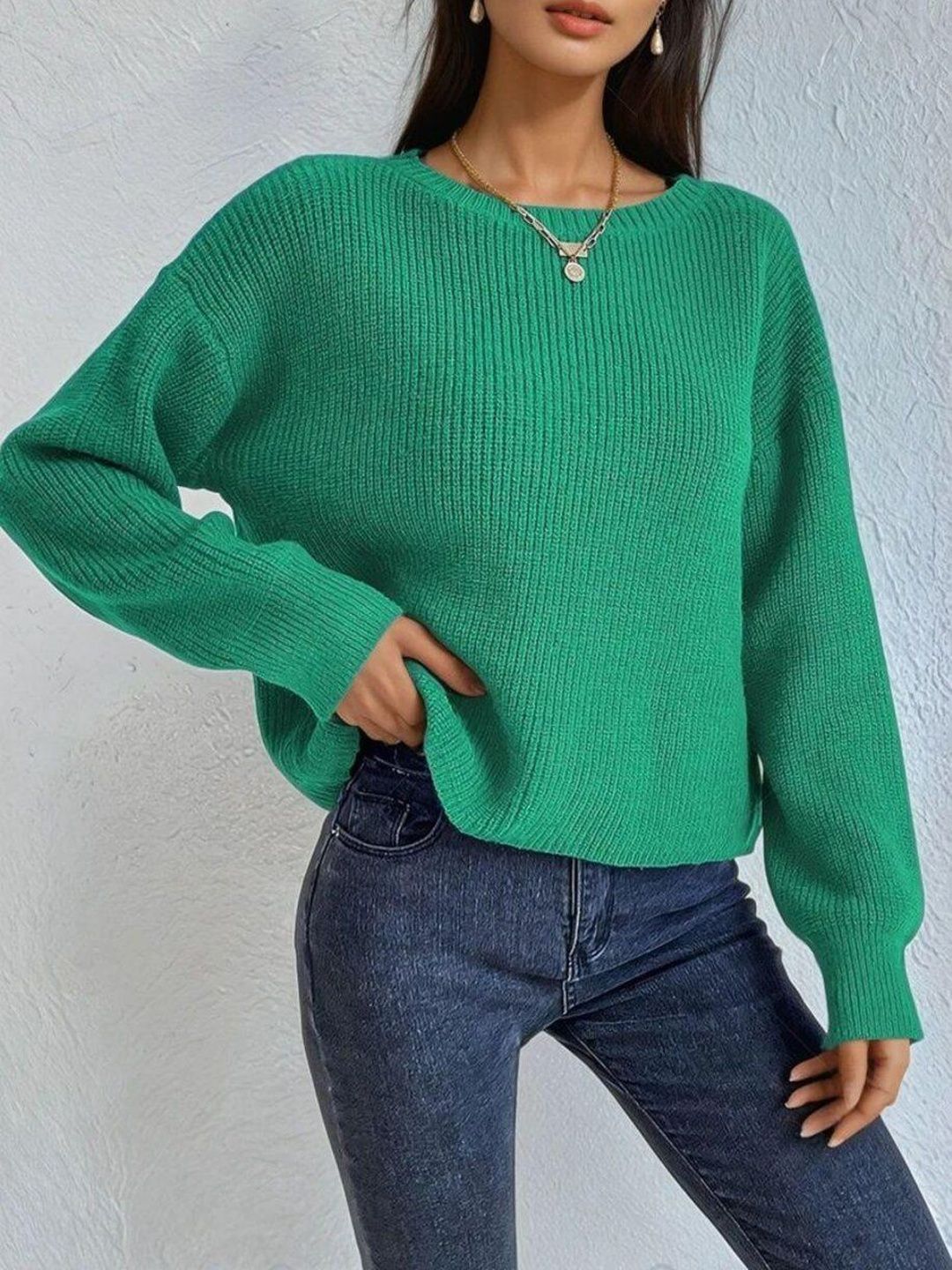Ribbed Pullover in Green acrylic - Nowi Korean Fashion
