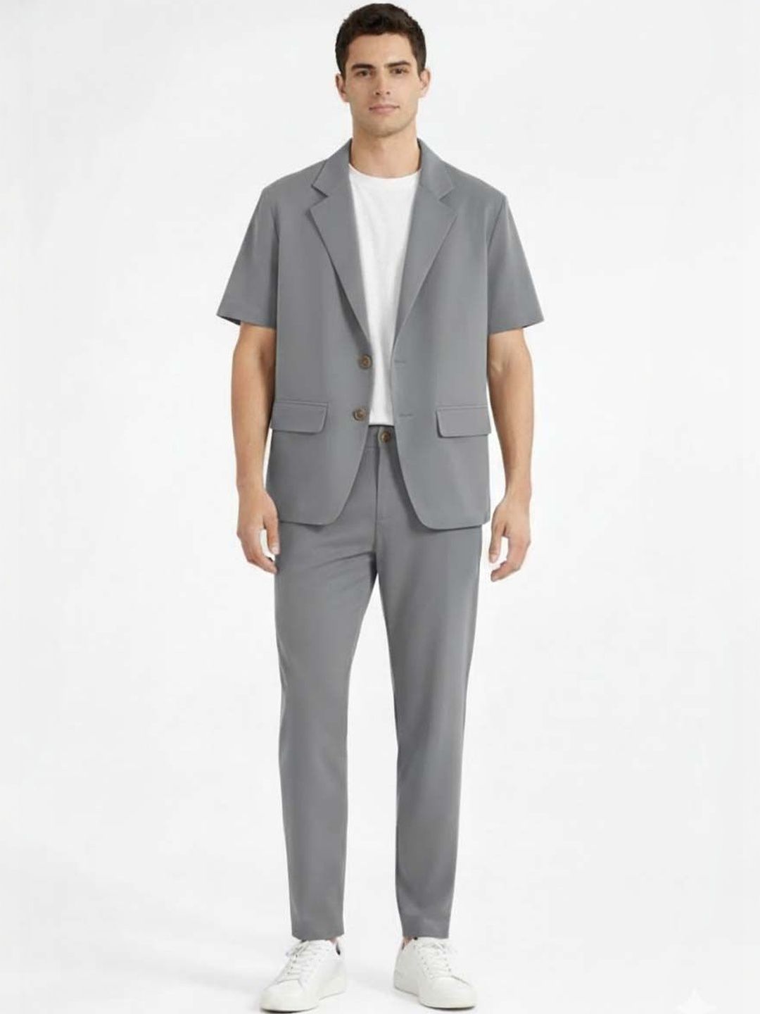 Solid Blazer with Trousers in Grey Style 788 - Nowi Korean Fashion