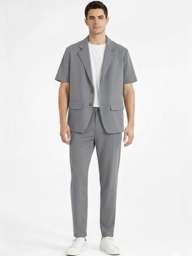 Solid Blazer with Trousers in Grey Style 788 - Nowi Korean Fashion
