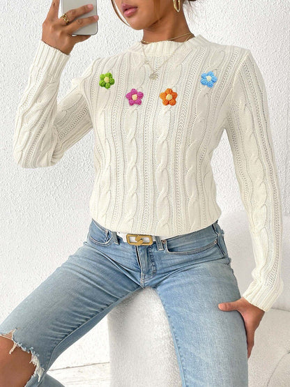Women Cable Knit Pullover with Applique Detail