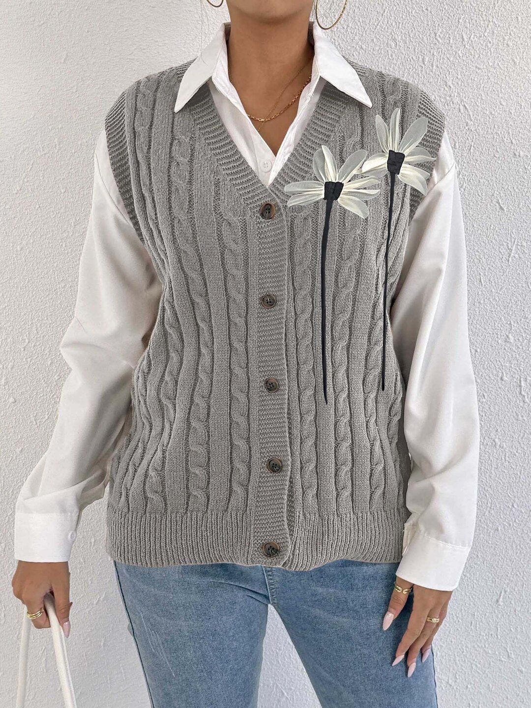 Women Cable Knit Sweater Vest with Applique Detail